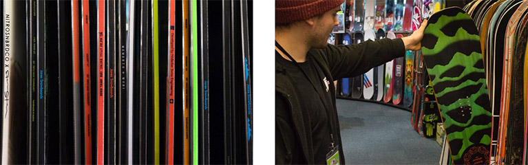 Snowboards in a row